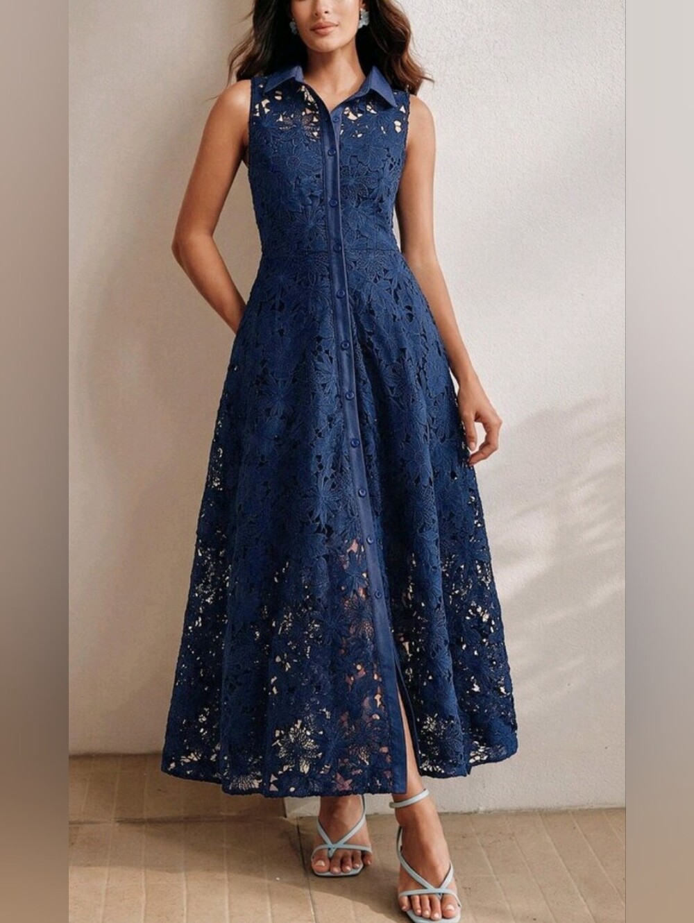 New Embroidered Sheer Lace Button Shirt Maxi Dress Sleeveless Navy Blue